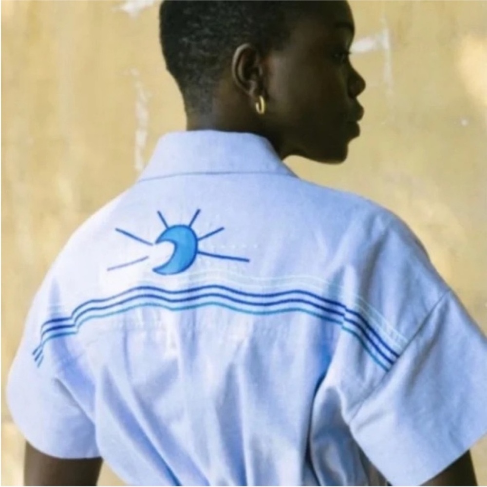 Soludos blue chambray Rialto Tie Waist Jumpsuit Cotton Embroidered moon M